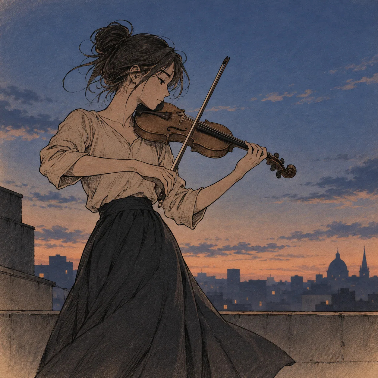An anime-inspired violinist playing on a rooftop at blue hour