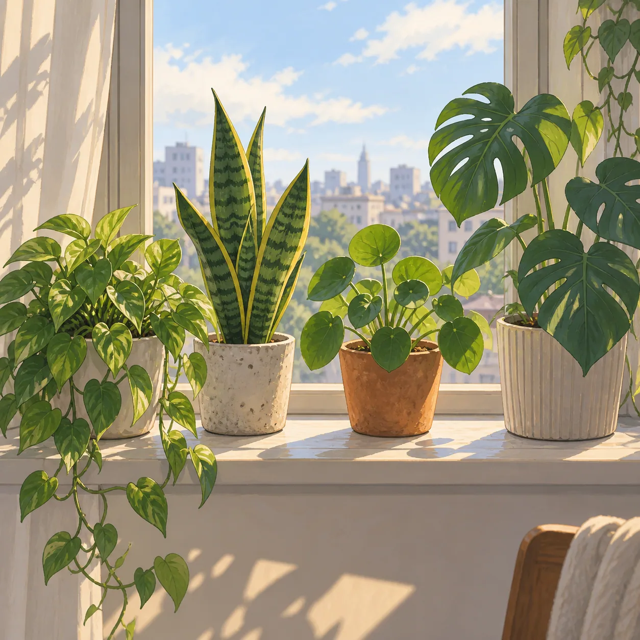 A row of houseplants on a bright apartment windowsill